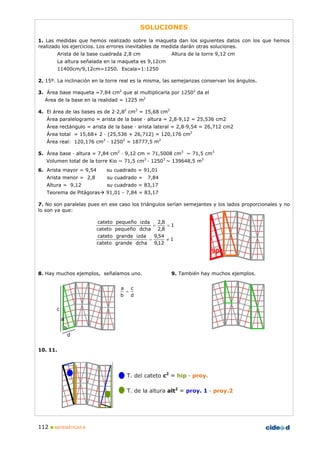 112 MATEMÁTICAS B
90º
SOLUCIONES
1. Las medidas que hemos realizado sobre la maqueta dan los siguientes datos con los que hemos
realizado los ejercicios. Los errores inevitables de medida darán otras soluciones.
Arista de la base cuadrada 2,8 cm Altura de la torre 9,12 cm
La altura señalada en la maqueta es 9,12cm
11400cm/9,12cm=1250. Escala=1:1250
2. 15º. La inclinación en la torre real es la misma, las semejanzas conservan los ángulos.
3. Área base maqueta =7.84 cm2
que al multiplicarla por 12502
da el
Área de la base en la realidad = 1225 m2
4. El área de las bases es de 2·2,82
cm2
= 15,68 cm2
Área paralelogramo = arista de la base · altura = 2,8·9,12 = 25,536 cm2
Área rectángulo = arista de la base · arista lateral = 2,8·9,54 = 26,712 cm2
Área total = 15,68+ 2 · (25,536 + 26,712) = 120,176 cm2
Área real: 120,176 cm2
· 12502
= 18777,5 m2
5. Área base · altura = 7,84 cm2
· 9,12 cm = 71,5008 cm3
~ 71,5 cm3
Volumen total de la torre Kio ~ 71,5 cm3
· 12503
~ 139648,5 m3
6. Arista mayor = 9,54 su cuadrado = 91,01
Arista menor = 2,8 su cuadrado = 7,84
Altura = 9,12 su cuadrado = 83,17
Teorema de Pitágoras 91,01 - 7,84 = 83,17
7. No son paralelas pues en ese caso los triángulos serían semejantes y los lados proporcionales y no
lo son ya que:
1
8,2
8,2
dchapequeñocateto
izdapequeñocateto
==
1
12,9
54,9
dchagrandecateto
izdagrandecateto
≠=
8. Hay muchos ejemplos, señalamos uno. 9. También hay muchos ejemplos.
10. 11.
d
c
b
a
=
a
b
c
d
 