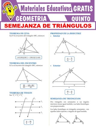 TEOREMA DE CEVA
Sea P el cevacentro del triángulo ABC, entonces:
P
Q
R
S
A C
B
(AS)(BQ)(RC) = (SB)(QC)(AR)
TEOREMA DEL INCENTRO
Si I es el incentro de triángulo ABC, entonces:
B
C
D
A
I
ID
BI
AC
AB BC
= +
TEOREMA DE THALES
Sea L1
// L2
// L3
L1
L5
L4
L2
L3
a m
b n
b
a
n
m
=
PROPIEDAD DE LA BISECTRIZ
• Interior
a a
B
A D C
m
a b
n
m
a
n
b
=
• Exterior
m
a
b
n
A C D
B
q
q
a
m
b
n
=
SEMEJANZA DE TRIÁNGULOS
Dos triángulos son semejantes si sus ángulos
interiores tienen igual medida y sus lados homólogos
son proporcionales.
Los lados homólogos en triángulos semejantes , son
aquellos lados opuesto, a ángulos de igual medida.
A
B
C
a a
b
b
q q
M
N
Q
L1
SEMEJANZA DE TRIÁNGULOS
 