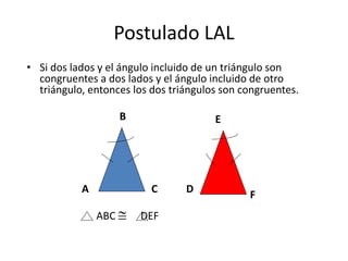 Postulado LAL
• Si dos lados y el ángulo incluido de un triángulo son
congruentes a dos lados y el ángulo incluido de otro
triángulo, entonces los dos triángulos son congruentes.
A
B
C D
E
ABC  DEF
F
 