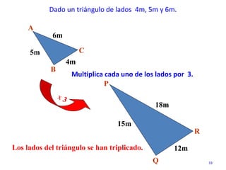 33
Dado un triángulo de lados 4m, 5m y 6m.
Multiplica cada uno de los lados por 3.
Los lados del triángulo se han triplicado.
4m
5m
6m
A
B
C
18m
15m
12m
P
Q
R
 