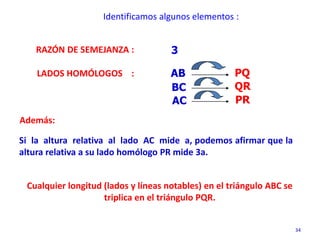 34
Identificamos algunos elementos :
RAZÓN DE SEMEJANZA : 3
LADOS HOMÓLOGOS : AB
BC
AC
PQ
QR
PR
Si la altura relativa al lado AC mide a, podemos afirmar que la
altura relativa a su lado homólogo PR mide 3a.
Además:
Cualquier longitud (lados y líneas notables) en el triángulo ABC se
triplica en el triángulo PQR.
 