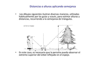 Distancias o alturas aplicando semejanza
• Los dibujos siguientes ilustran diversas maneras, utilizadas
habitualmente por las guías y scouts, para estimar alturas y
distancias, recurriendo a la semejanza de triángulos.
• En este caso, es necesario que la persona pueda observar el
extremo superior del árbol reflejado en el espejo.
 