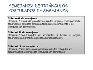 SEMEJANZA DE TRIÁNGULOS
POSTULADOS DE SEMEJANZA
Criterio AA de semejanza.
Teorema: “ Si dos triángulos tienen sus dos ángulos correspondientes
congruentes, entonces el tercero también será congruente y los
triángulos son semejantes”.
Criterio LAL de semejanza.
Teorema: “ Dos triángulos son semejantes si tienen un ángulo
congruente comprendido entre lados proporcionales”.
Criterio LLL de semejanza.
Teorema: "Si los lados correspondientes de dos triángulos son
proporcionales, entonces los triángulos son semejantes".
 