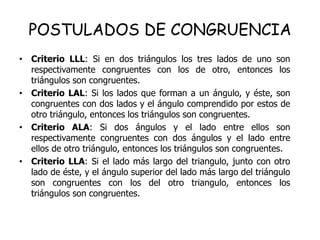 POSTULADOS DE CONGRUENCIA
• Criterio LLL: Si en dos triángulos los tres lados de uno son
respectivamente congruentes con los de otro, entonces los
triángulos son congruentes.
• Criterio LAL: Si los lados que forman a un ángulo, y éste, son
congruentes con dos lados y el ángulo comprendido por estos de
otro triángulo, entonces los triángulos son congruentes.
• Criterio ALA: Si dos ángulos y el lado entre ellos son
respectivamente congruentes con dos ángulos y el lado entre
ellos de otro triángulo, entonces los triángulos son congruentes.
• Criterio LLA: Si el lado más largo del triangulo, junto con otro
lado de éste, y el ángulo superior del lado más largo del triángulo
son congruentes con los del otro triangulo, entonces los
triángulos son congruentes.
 