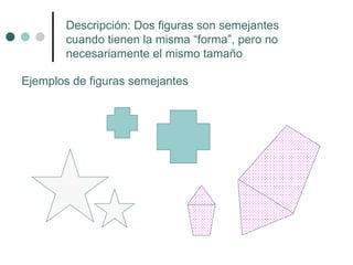 Ejemplos de figuras semejantes Descripción: Dos figuras son semejantes cuando tienen la misma “forma”, pero no necesariamente el mismo tamaño 