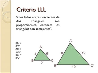 CCrriitteerriioo LLLLLL 
Si los lados correspondientes de 
dos triángulos son 
proporcionales, entonces los 
triángulos son semejantes". 
AB = 
A’B’ 
AC = 
A’C’ 
BC = 
B’C’ 
