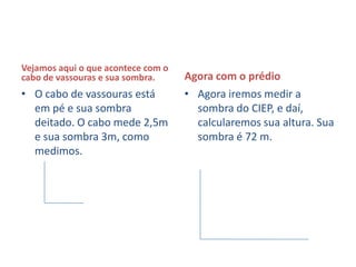 Vejamos aqui o que acontece com o
cabo de vassouras e sua sombra.     Agora com o prédio
• O cabo de vassouras está          • Agora iremos medir a
  em pé e sua sombra                  sombra do CIEP, e daí,
  deitado. O cabo mede 2,5m           calcularemos sua altura. Sua
  e sua sombra 3m, como               sombra é 72 m.
  medimos.
 