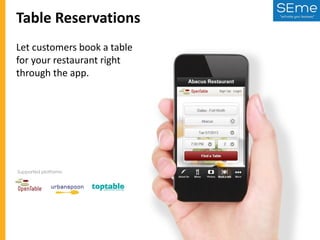 Table Reservations
Let customers book a table
for your restaurant right
through the app.

Supported platforms:

 