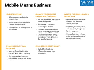 Mobile Means Business
INCREASE REVENUE
» Offer coupons and special
promotions
» Integrate a mobile shopping
cart with e-commerce

PROMOTE YOUR BUSINESS
& REACH NEW CUSTOMERS
» Get discovered on the various
app marketplaces
» Attract new customers
searching via mobile

IMPROVE CUSTOMER LOYALTY &
SATISFACTION
» Deliver efficient customer
support and enhance
communication

ENGAGE USERS ANYTIME,
ANYWHERE
» Send push notifications to
connect with clients instantly
» Share content with photos,
social feeds, videos, and more

» Enable customers to call in
a click and find your location

» Mobilize your stamp card,
offer rewards, integrate a
loyalty program

» Create a viral effect letting
users share your content on
the social channels

» Enable users to order products
or services

» Display business reviews,
maps and directions, and
contact information

ENHANCE BUSINESS EFFICIENCY
» Collect feedback and
information about your
customers

 