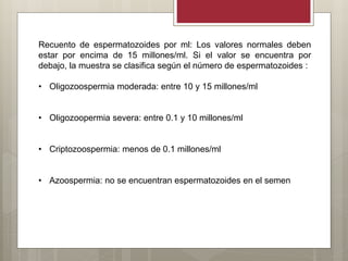 Recuento de espermatozoides por ml: Los valores normales deben
estar por encima de 15 millones/ml. Si el valor se encuentra por
debajo, la muestra se clasifica según el número de espermatozoides :
• Oligozoospermia moderada: entre 10 y 15 millones/ml
• Oligozoopermia severa: entre 0.1 y 10 millones/ml
• Criptozoospermia: menos de 0.1 millones/ml
• Azoospermia: no se encuentran espermatozoides en el semen
 