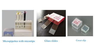 Micropipettes with microtips Glass slides Cover slip
 