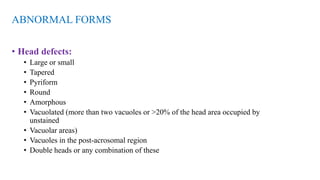 ABNORMAL FORMS
• Head defects:
• Large or small
• Tapered
• Pyriform
• Round
• Amorphous
• Vacuolated (more than two vacuoles or >20% of the head area occupied by
unstained
• Vacuolar areas)
• Vacuoles in the post-acrosomal region
• Double heads or any combination of these
 