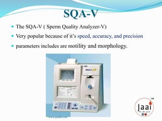 SQA-V
 The SQA-V ( Sperm Quality Analyzer-V)
 Very popular because of it’s speed, accuracy, and precision
 parameters includes are motility and morphology.
www.jaailab.com
 
