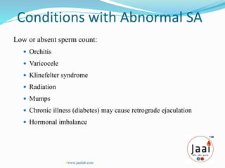 Conditions with Abnormal SA
Low or absent sperm count:
 Orchitis
 Varicocele
 Klinefelter syndrome
 Radiation
 Mumps
 Chronic illness (diabetes) may cause retrograde ejaculation
 Hormonal imbalance
www.jaailab.com
 