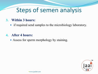 Steps of semen analysis
3. Within 3 hours:
 if required send samples to the microbiology laboratory.
4. After 4 hours:
 Assess for sperm morphology by staining.
www.jaailab.com
 