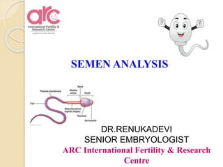 SEMEN ANALYSIS
DR.RENUKADEVI
SENIOR EMBRYOLOGIST
ARC International Fertility & Research
Centre
 
