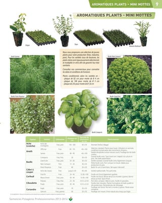 AROMATIQUES PLANTS                                   - MINI MOTTES           9




                                   Origan                                                                                                        Thym
                                                                                                                                                                                                                                 Romarin Barbecue ®


                                                                                                                            Nous vous proposons une sélection de jeunes
                                                                                                                            plants pour votre production (frais, industrie,
 Aneth Sarrian                                                                                                                                                                                   Basilic Nain Compact
                                                                                                                            pots). Pour les variétés issus de boutures, les
                                                                                                                            pieds-mères sont rigoureusement sélectionnés
                                                                                                                            et multipliés in-vitro afin de garantir leur état
                                                                                                                            sanitaire.
                                                                                                                            Consultez nos commerciaux pour connaitre
                                                                                                                            les dates et conditions de livraison.
                                                                                                                            Plants conditionnés selon les variétés en :
                                                                                                                            - plaque de 82 cm pour motte de 0 4 cm
                                                                                                                            - plaque de 148 pour motte de 0 3 cm
                                                                                                                            - plaque de 255 pour motte de 0 1,8 cm




 Basilic Pesto Perpetuo                                                                                                                                                                             Basilic Grand Vert




                                                                                                                                                                         Basilic Compacto

                                                                                                                                                        Densité de
                                                                                                                                     Hauteur en
                                              Espèce                           Variété                     Utilisation                                  plantation                               Particularités
                                                                                                                                        cm                en cm
                                      Ache                             Ache des
                                                                                                             Frais, pots              150 - 200           40 x 50       Aromate (herbe à Maggi)
                                      (Livèche)                        montagnes
                                                                                                                                                                        Sélection standard. Plante assez haute. Utilisation en aromate,
                                                                       Officinal                                  Frais                90 - 110           40 x 100
                                                                                                                                                                        condiment (conservation des cornichons), infusions...
                                      Aneth                                                                                                                             Variété tétraploïde à entre-noeuds courts. Feuillage de très belle
                                                                       Sarrian                               Frais, pots               80 - 90            40 x 100
                                                                                                                                                                        couleur.
                                                                                                                                                                        Grande feuille verte. Type Grand vert. Adapté à la culture en
                                                                       Compacto                               Frais, Pots                30               30 x 50
                                                                                                                                                                        pots. Très belle présentation.
                                                                       Grand vert                            Frais, pots               50 - 60            30 x 50       Variété standard. Grande feuille verte, légèrement cloquée.
                                      Basilic                                                                                                                           Petite feuille verte. Port compact en boule. Idéale pour
                                                                       Nain Compact                               Pots                 15 - 20            30 x 50
                                                                                                                                                                        production en pots.
                                                                       Pesto Perpetuo                             Frais                  80               30 x 50       Basilic fin vert à liseré blanc. Bel aspect décoratif.
                                      Céleri à                         Ache des marais                            Frais              jusqu'à 120          40 x 60       Variété traditionnelle. Très parfumée.
                                      couper
                                                                       Frisé fin                                  Frais                24 - 40          15-30 x 100     Feuille vert foncé légèrement gaufrée.
                                      Cerfeuil                         Massa (hiver)                         Frais, pots               30 - 40          15-30 x 100
                                                                                                                                                                        Feuille vert foncé. Bonne tenue à la montée à graines. Bonne
                                                                                                                                                                        tenue au froid. Type d'hiver.
                                                                       Polystar                               Frais, Pots              25 - 30          10-15 x 25-35   Port droit, compact. Idéal en pots. Feuille mi-grossière.
                                      Ciboulette                       Prado                                 Frais, pots               30 - 40          10-15 x 25-35
                                                                                                                                                                        Feuilles bien dressées. Plantes homogènes de belle qualité et
                                                                                                                                                                        très productives. Demande peu de nettoyage.
                                                                                                                                                                        Feuillage vert foncé. Très lent à monter à graines. Plante assez
                                                                       Eagle                                 Frais, pots                 50               20 x 50
                                      Coriandre                                                                                                                         compacte.
                                                                       Sativum                             Frais, graines                60               20 x 50       Feuillage vert moyen. Entre-nœuds plus longs que Eagle.
Les renseignements ci-dessus ne sont donnés qu’à titre indicatif et par conséquent ne sauraient comporter une garantie de récolte.


Semences Potagères Professionnelles 2013-2014
 
