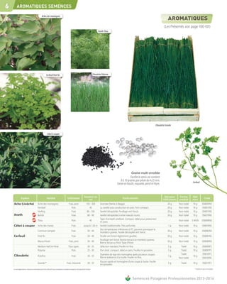 6        AROMATIQUES SEMENCES

                                                   Aches des montagnes


                                                                                                                                                                                                                    (Les Présemés voir page 100-101)
                                                                                                                                                Aneth Titou




                                                           Cerfeuil frisé fin                                                            Ciboulette Polystar




                                                                                                                                                                                                           Ciboulette Grande


                                                            Céleri à couper




                                                                                                                                                                                 Graine multi-enrobée
                                                                                                                                                                                Facilite le semis car contient
                                                                                                                                                                      8 à 10 graines par pilule de 4 à 5 mm.
                                                                                                                                                                                                                                              Cerfeuil
                                                                                                                                                                   Existe en basilic, roquette, persil et thym.


                                                                                                                           Hauteur en                                                                               Qté pour     Forme        Qté
                Espèce                                     Variété                             Utilisation                                                              Particularités                                                                         Code
                                                                                                                              cm                                                                                   1000 plants   produit      mini
    Ache (Livèche)                          Ache des montagnes                                   Frais, pots                  150 - 200  Aromate (herbe à Maggi).                                                       20 g     Non traité   10 g          058005NS
                                            Fernleaf                                                Pots                          45     La variété pour production en pots. Port compact.                              20 g     Non traité   10 g          058012NS
                                            Vierling                                                Frais                      80 - 100  Variété tétraploïde. Feuillage vert foncé.                                     20 g     Non traité   10 g          058015NS
    Aneth                                   Bambi                                                   Frais                      80 - 90   Variété tétraploïde à entre-nœuds courts.                                      20 g     Non traité   10 g          058219NS
                                                                                                                                         Type «Fernleaf» amélioré. Compact. Idéal pour production
                                            Titou                                                    Pots                       45                                                                                        -      Non traité   5 MGN         058008NG
                                                                                                                                         en pots.
    Céleri à couper Ache des marais                                                                  Frais                jusqu'à 1,20 m Variété traditionnelle. Très parfumée.                                          1g      Non traité   10 g          058076NS
                                                                                                                                         Des températures inférieures à 9°C peuvent provoquer la
                                            Commun (simple)                                          Frais                    30 - 40                                                                                   50 g     Non traité   10 g          058082NS
                                                                                                                                         montée à graines. Feuille découpée vert foncé.
    Cerfeuil                                Frisé fin                                                Frais                    20 - 40    Feuille vert foncé légèrement gaufrée.                                         50 g     Non traité   10 g          058081NS
                                                                                                                                         Feuillage vert foncé. Bonne tenue à la montée à graines.
                                            Massa (hiver)                                        Frais, pots                  30 - 40                                                                                   50 g     Non traité   10 g          058080NS
                                                                                                                                         Bonne tenue au froid. Type d'hiver.
                                            Medium leaf (mi-fine)                               Tous types                    30 - 35    Sélection standard. Feuille mi-fine.                                           5g         Traité     10 g           058090FS
                                            Polystar                                               Pots                       25 - 30    Port droit, compact. Idéal en pots. Feuille mi-grossière.                      5g         Traité     10 g           058097FS
                                                                                                                                                  Diamètre de tige très homogène après plusieurs coupes.                           Traité                    058105FS
    Ciboulette                              Polyfine                                                 Frais                      30 - 35                                                                                  5g                   10 g
                                                                                                                                                  Bonne tolérance à la rouille. Feuille mi-fine.                                 Non traité                  058105NS
                                                                                                                                                  Pousse rapide et homogène d'une coupe à l'autre. Feuille
                                            Grande *                                         Frais, Industrie                   30 - 35                                                                                  5g        Traité     10 g           058215FS
                                                                                                                                                  mi-grossière.
    Les renseignements ci-dessus ne sont donnés qu’à titre indicatif et par conséquent ne sauraient comporter une garantie de récolte.                                                                                                          * Variété en cours d'inscription



                                                                                                                                                                                  Semences Potagères Professionnelles 2013-2014
 