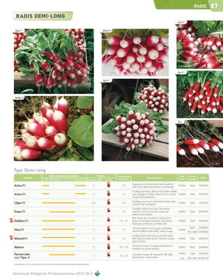 RADIS            87

                                                                                                                                                                                                                       Artus F1

  Clipo F1                                                                                                                                 Mistral F1




                                                                                                                                                                                                                       Fluo F1

                                                                                                                                           Expo F1




 Diablus F1




                                                                                                                                                                                                                       Tipo




Type Demi-long
                                                      Date de semis conseillée      Racine                                                              Proportion                                                       Qté      Forme
               Variétés                                                                                                                                                               Particularités                                          Code
                                                  J F M A M J J A S O N D Longueur (cm)   Forme                                                          de blanc                                                        mini     produit
                                                                                                                                                                      Vigoureux à la levée. Racine bien boutée et
Aviso F1                                                                                                                             5                      1/5
                                                                                                                                                                      bien ferme. Belle présentation commerciale.
                                                                                                                                                                                                                       50 MGC       Traité   054015FK

                                                                                                                                                                      Feuillage vert franc. Attache très solide. Variété
Artus F1                                                                                                                             5                      1/5       peu sensible au mildiou. Racine d'une couleur 50 MGC          Traité   054073FK
                                                                                                                                                                      rouge vif très attractive.
                                                                                                                                                                      Feuillage court à port dressé. Bout blanc bien
Clipo F1                                                                                                                             4,5                    1/4
                                                                                                                                                                      tranché. Très homogène.
                                                                                                                                                                                                                       50 MGC       Traité   054021FK

                                                                                                                                                                      Feuillage solide, vert foncé. Très bonne
Expo F1                                                                                                                              5                      1/3       attache. Lent à creuser. Bon niveau de           50 MGC       Traité   054059FK
                                                                                                                                                                      tolérance au mildiou.
                                                                                                                                                                      Bien bouté, peu sensible au creusement.
Diablus F1                                                                                                                           5                   1/3 - 1/4    Bonne tenue après récolte et chair douce.        50 MGC       Traité   054084FK
                                                                                                                                                                      Résistance améliorée au mildiou (IR)
                                                                                                                                                                      Très homogène et très souple d’utilisation.                   Traité   054036FK
Fluo F1                                                                                                                              5                      1/5
                                                                                                                                                                      Attache foliaire solide. Belle couleur rouge.
                                                                                                                                                                                                                       50 MGC
                                                                                                                                                                                                                                  Non traité 054036NK
                                                                                                                                                                      Feuillage foncé bien dressé, attache solide.
Mistral F1                                                                                                                           5                      1/5       Bien épaulé et bien bouté. Transition rouge/     50 MGC       Traité   054025FK
                                                                                                                                                                      blanc franche.
                                                                                                                                                                      Très lent à creuser. Feuillage dressé facile à
Nelson                                                                                                                               5                   1/8 - 1/10
                                                                                                                                                                      botteler, très bonne attache.
                                                                                                                                                                                                                       50 MGC       Traité   054066FK

Pernot clair                                                                                                                                                          Coloration rouge très attrayante. Très belle     50 MGC       Traité   054051FK
                                                                                                                                     5                   1/2 - 1/3
race Tipo                                                                                                                                                             présentation commerciale.                          50 g     Non traité 0540511NS

Les renseignements ci-dessus ne sont donnés qu’à titre indicatif et par conséquent ne sauraient comporter une garantie de récolte.



Semences Potagères Professionnelles 2013-2014
 