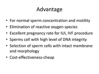 Advantage
• For normal sperm concentration and motility
• Elimination of reactive oxygen species
• Excellent pregnancy rate for IUI, IVF procedure
• Sperms cell with high level of DNA integrity
• Selection of sperm cells with intact membrane
and morphology
• Cost-effectiveness-cheap
 
