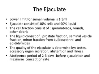The Ejaculate
• Lower limit for semen volume is 1.5ml
• Ejaculate consist of 10% cells and 90% liquid
• The cell fraction consist of : spermatozoa, rounds,
other debris
• The liquid consist of : prostate fraction, seminal vesicle
fraction, minor fraction from bulbourethral and
epididymides
• The quality of the ejaculate is determine by: testes,
accessory organ secretion, abstention and illness
• Abstinence period of 2-3 days before ejaculation and
maximize conception rate
 