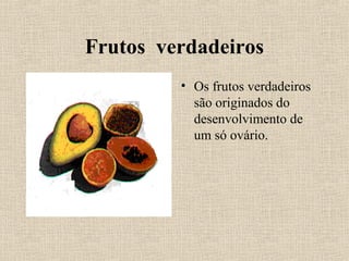 Frutos verdadeiros
• Os frutos verdadeiros
são originados do
desenvolvimento de
um só ovário.
 