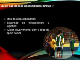 Quais são nossas necessidades diretas ?
 Mão de obra capacitada;
 Expansão da infraestrutura e
logística;
 Maior envolvimento com a rede de
apoio social.
 