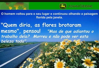 O homem voltou para o seu lugar e continuou olhando a paisagem florida pela janela. "Quem diria, as flores brotaram mesmo", pensou!  "Mas de que adiantou o trabalho dela?  Morreu e não pode ver esta beleza toda". 