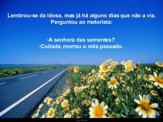 Lembrou-se da idosa, mas já há alguns dias que não a via. Perguntou ao motorista: A senhora das sementes?  Coitada, morreu o mês passado.  . 