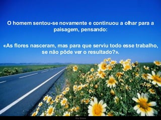 O homem sentou-se novamente e continuou a olhar para a paisagem, pensando: «As flores nasceram, mas para que serviu todo esse trabalho, se não pôde ver o resultado?». 