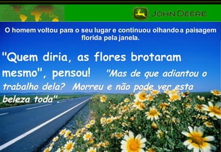 O homem voltou para o seu lugar e continuou olhando a paisagem florida pela janela. "Quem diria, as flores brotaram mesmo", pensou!  "Mas de que adiantou o trabalho dela?  Morreu e não pode ver esta beleza toda". 