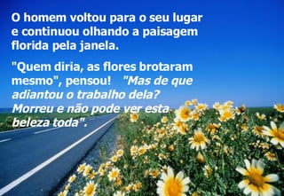 O homem voltou para o seu lugar e continuou olhando a paisagem florida pela janela. "Quem diria, as flores brotaram mesmo", pensou!  "Mas de que adiantou o trabalho dela?  Morreu e não pode ver esta beleza toda". 