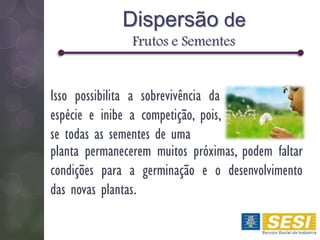 Dispersão de
Frutos e Sementes
Isso possibilita a sobrevivência da
espécie e inibe a competição, pois,
se todas as sementes de uma
planta permanecerem muitos próximas, podem faltar
condições para a germinação e o desenvolvimento
das novas plantas.
 
