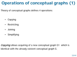 Operations of conceptual graphs (1)
Theory of conceptual graphs defines 4 operations:
• Copying
• Restricting
• Joining
• Simplifying
Copying allows acquiring of a new conceptual graph G1 which is
identical with the already existent conceptual graph G.
33/44
 