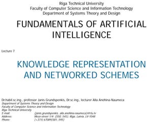 FUNDAMENTALS OF ARTIFICIAL
INTELLIGENCE
Riga Technical University
Faculty of Computer Science and Information Technology
Department of Systems Theory and Design
Dr.habil.sc.ing., professor Janis Grundspenkis, Dr.sc.ing., lecturer Alla Anohina-Naumeca
Department of Systems Theory and Design
Faculty of Computer Science and Information Technology
Riga Technical University
E-mail: {janis.grundspenkis, alla.anohina-naumeca}@rtu.lv
Address: Meza street 1/4- {550, 545}, Riga, Latvia, LV-1048
Phone: (+371) 67089{581, 595}
Lecture 7
KNOWLEDGE REPRESENTATION
AND NETWORKED SCHEMES
 