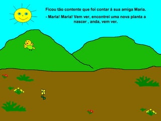 Ficou tão contente que foi contar á sua amiga Maria.
- Maria! Maria! Vem ver, encontrei uma nova planta a
                nascer , anda, vem ver.
 