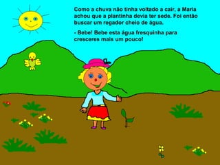Como a chuva não tinha voltado a cair, a Maria
achou que a plantinha devia ter sede. Foi então
buscar um regador cheio de água.
- Bebe! Bebe esta água fresquinha para
cresceres mais um pouco!
 