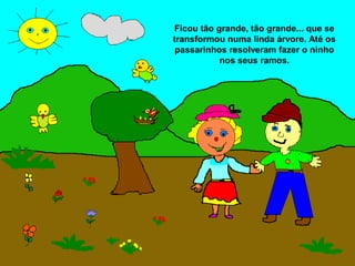 Ficou tão grande, tão grande... que se
transformou numa linda árvore. Até os
 passarinhos resolveram fazer o ninho
           nos seus ramos.
 