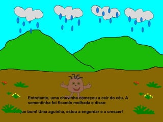 Entretanto, uma chuvinha começou a cair do céu. A
        sementinha foi ficando molhada e disse:

- Ai que bom! Uma aguinha, estou a engordar e a crescer!
 