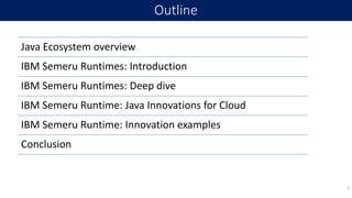 Outline
3
Java Ecosystem overview
IBM Semeru Runtimes: Introduction
IBM Semeru Runtimes: Deep dive
IBM Semeru Runtime: Java Innovations for Cloud
IBM Semeru Runtime: Innovation examples
Conclusion
 