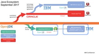 IBM SDK for Java 7,8
contributor
agreement rights
technology
license and
distribution
agreement
IBM Runtimes for
Business Support for
AdoptOpenJDK 8, 11+ LTS
AdoptOpenJDK 8,11+
IBM Confidential
Hotspot
GPLv2 +CE
license
Java Ecosystem
September 2017
Oracle JavaTM SE
Hotspot
Open-Source License
IBM Commercial
License
Oracle Commercial
License
 