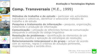 ESE-Viseu, 16 de março de 2013
Avaliação e Tecnologias Digitais
CIDTFF, DE, Universidade de Aveiro
Comp. Transversais (M.E., 1999)
Métodos de trabalho e de estudo - participar em actividades
individuais e colectivas, identificar e seleccionar métodos de
trabalho e de estudo
Pesquisa e tratamento de informação - pesquisa, organização,
tratamento e produção de informação
Comunicação - utilização de diferentes formas de comunicação
adequando a utilização do código linguístico
Resolução de problemas - identificação de elementos de um
problema, escolha e aplicação de estratégias de resolução;
Relacionamento interpessoal e de grupo - actuar de acordo
com as normas, regras e critérios de actuação pertinente,
responsabilização e sentido ético.
 