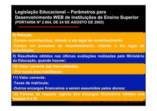 Legislação Educacional – Parâmetros para
 Desenvolvimento WEB de Instituições de Ensino Superior
 (PORTARIA Nº 2.864, DE 24 DE AGOSTO DE 2005)


8) Relação:
-Cursos reconhecidos, citando o ato legal de reconhecimento;
-Cursos em processo de reconhecimento, citando o ato legal de
autorização.
9) Resultados obtidos nas últimas avaliações realizadas pelo Ministério
da Educação, quando houver;
10) Valor corrente das mensalidades:
- Por curso e/ou habilitação;
11) Valor corrente:
-Taxas de matrícula;
-Outros encargos financeiros a serem assumidos pelos alunos;
12) Formas de reajuste vigente dos encargos financeiros citados nos
incisos X e XI.
                             The Campus Experience – Jornadas Semesp / Campinas.
 