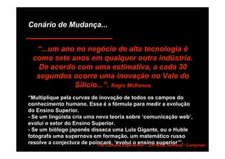 Cenário de Mudança...


  “...um ano no negócio de alta tecnologia é
 como sete anos em qualquer outra indústria.
   De acordo com uma estimativa, a cada 30
  segundos ocorre uma inovação no Vale do
            Silício...”. Regis McKenna
“Multiplique pela curvas de inovação de todos os campos do
conhecimento humano. Essa é a fórmula para medir a evolução
do Ensino Superior.
- Se um lingüista cria uma nova teoria sobre ‘comunicação web’,
evolui o setor do Ensino Superior.
- Se um biólogo japonês disseca uma Lula Gigante, ou o Huble
fotografa uma supernova em formação, um matemático russo
resolve a conjectura de poincaré, ‘evolui o ensino superior’”. / Campinas.
                           The Campus Experience – Jornadas Semesp
 