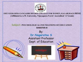 SMT.VEERAMMA GANGASIRI DEGREE COLLEGE FOR WOMEN, KALABURAGI-585102
(Affiliated to A.W. University, Vijayapura-NAAC Accredited ‘A’ Grade)
By;
Dr.Nagaratna S
Assistant Professor
Dept. of Education
Subject: PSYCHOLOGICAL FOUNDATIONS OF EDUCATION
SEMESTER-III
ಮನ ೋವಿಜ್ಞಾನ
 