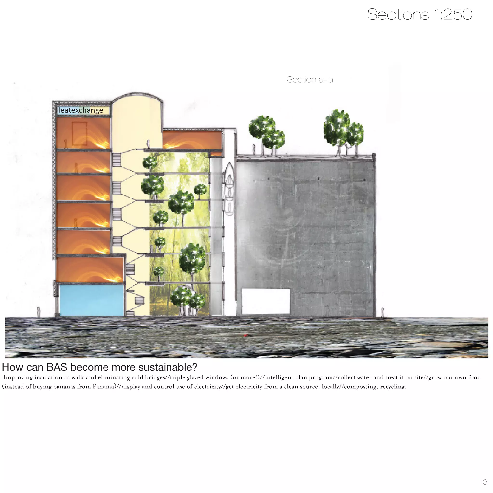 Sections 1:250



                                                                                                       Section a-a


                   Heatexchange




How can BAS become more sustainable?
 Improving insulation in walls and eliminating cold bridges//triple glazed windows (or more!)//intelligent plan program//collect water and treat it on site//grow our own food
(instead of buying bananas from Panama)//display and control use of electricity//get electricity from a clean source, locally//composting, recycling.




                                                                                                                                                                             13
 