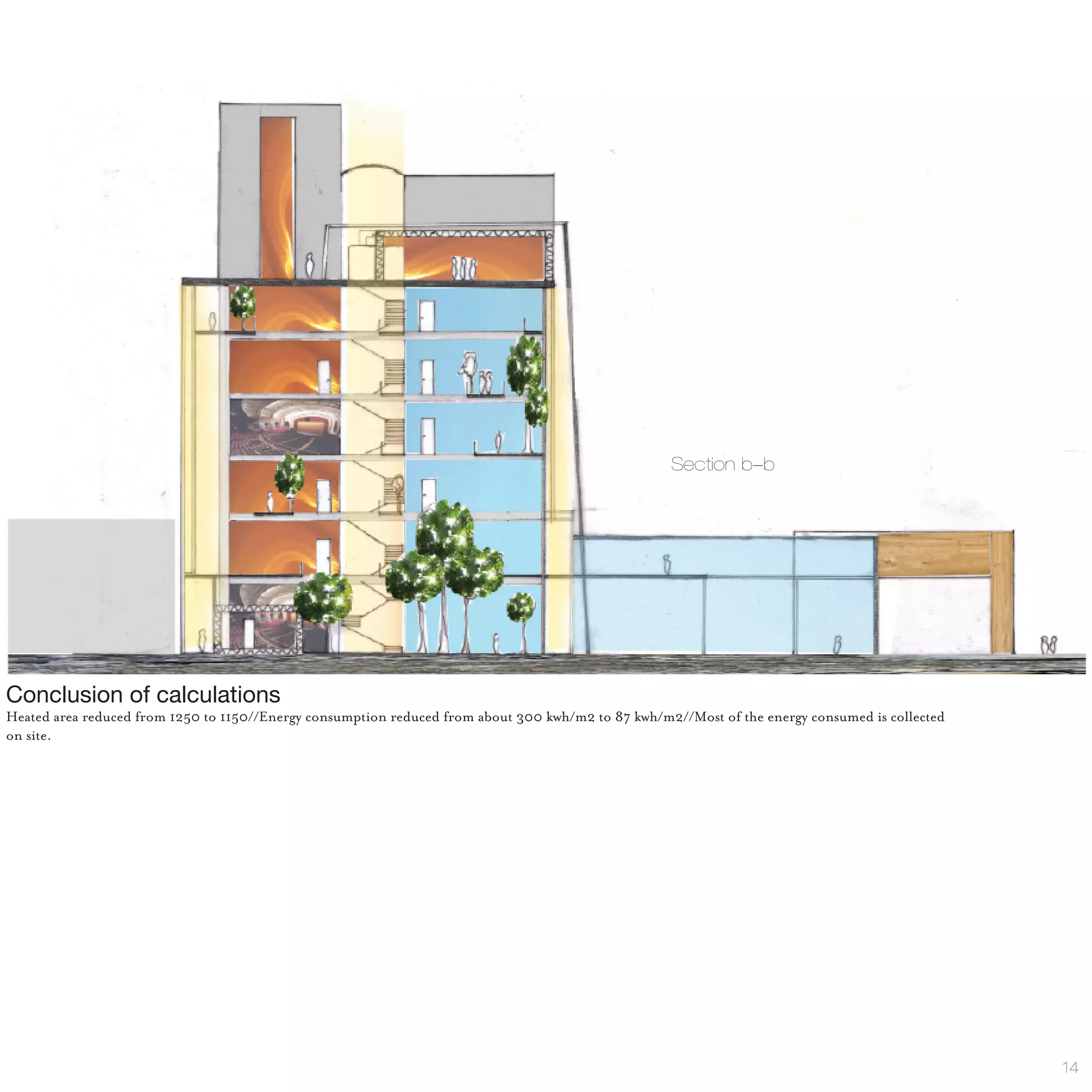 Section b-b




Conclusion of calculations
Heated area reduced from 1250 to 1150//Energy consumption reduced from about 300 kwh/m2 to 87 kwh/m2//Most of the energy consumed is collected
on site.




                                                                                                                                                 14
 
