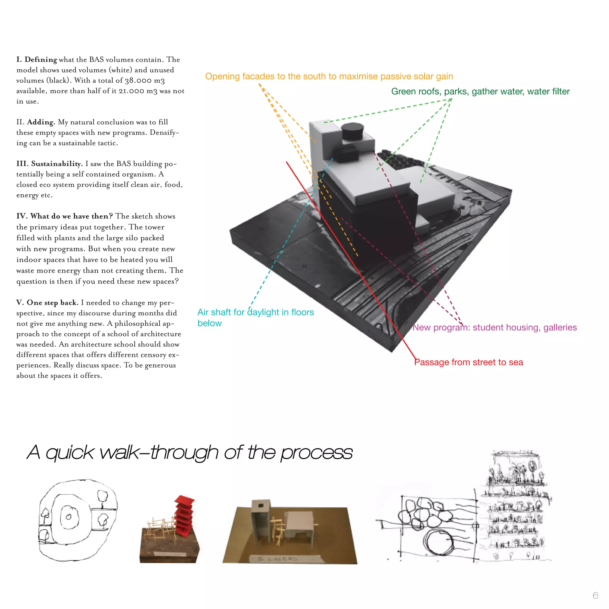 I. Defining what the BAS volumes contain. The
model shows used volumes (white) and unused
volumes (black). With a total of 38.000 m3              Opening facades to the south to maximise passive solar gain
available, more than half of it 21.000 m3 was not                                                   Green roofs, parks, gather water, water filter
in use.

II. Adding. My natural conclusion was to fill
these empty spaces with new programs. Densify-
ing can be a sustainable tactic.

III. Sustainability. I saw the BAS building po-
tentially being a self contained organism. A
closed eco system providing itself clean air, food,
energy etc.

IV. What do we have then? The sketch shows
the primary ideas put together. The tower
filled with plants and the large silo packed
with new programs. But when you create new
indoor spaces that have to be heated you will
waste more energy than not creating them. The
question is then if you need these new spaces?

V. One step back. I needed to change my per-
spective, since my discourse during months did        Air shaft for daylight in floors
not give me anything new. A philosophical ap-         below                                              New program: student housing, galleries
proach to the concept of a school of architecture
was needed. An architecture school should show
different spaces that offers different censory ex-
periences. Really discuss space. To be generous                                                          Passage from street to sea
about the spaces it offers.




   A quick walk-through of the process




                                                                                                                                                     6
 