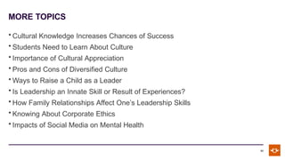 MORE TOPICS
11
• Cultural Knowledge Increases Chances of Success
• Students Need to Learn About Culture
• Importance of Cultural Appreciation
• Pros and Cons of Diversified Culture
• Ways to Raise a Child as a Leader
• Is Leadership an Innate Skill or Result of Experiences?
• How Family Relationships Affect One’s Leadership Skills
• Knowing About Corporate Ethics
• Impacts of Social Media on Mental Health
 