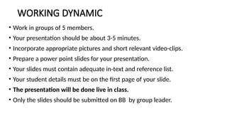 WORKING DYNAMIC
• Work in groups of 5 members.
• Your presentation should be about 3-5 minutes.
• Incorporate appropriate pictures and short relevant video-clips.
• Prepare a power point slides for your presentation.
• Your slides must contain adequate in-text and reference list.
• Your student details must be on the first page of your slide.
• The presentation will be done live in class.
• Only the slides should be submitted on BB by group leader.
 